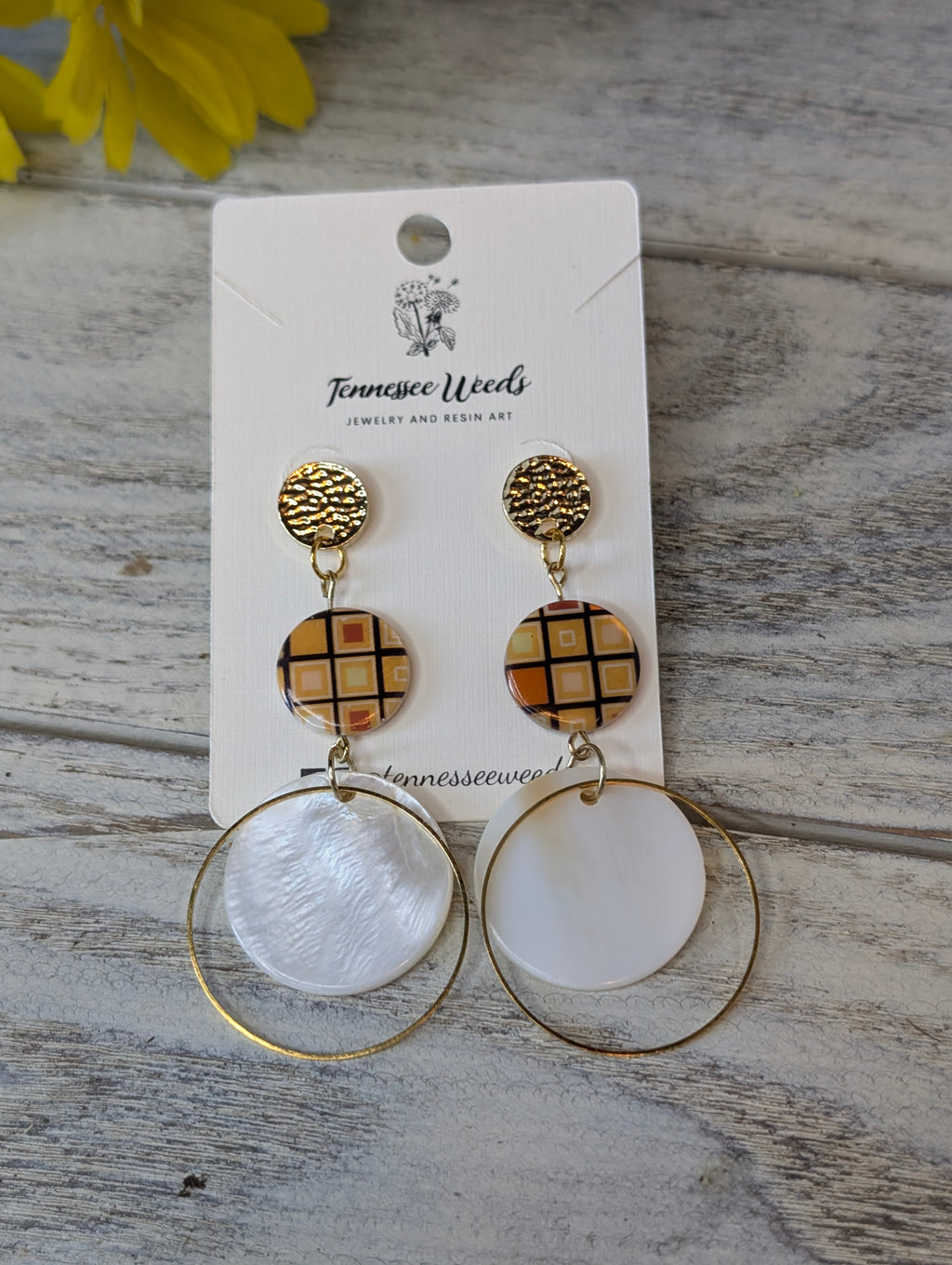 Shell Hoop & Plaid Disc Drop Earrings