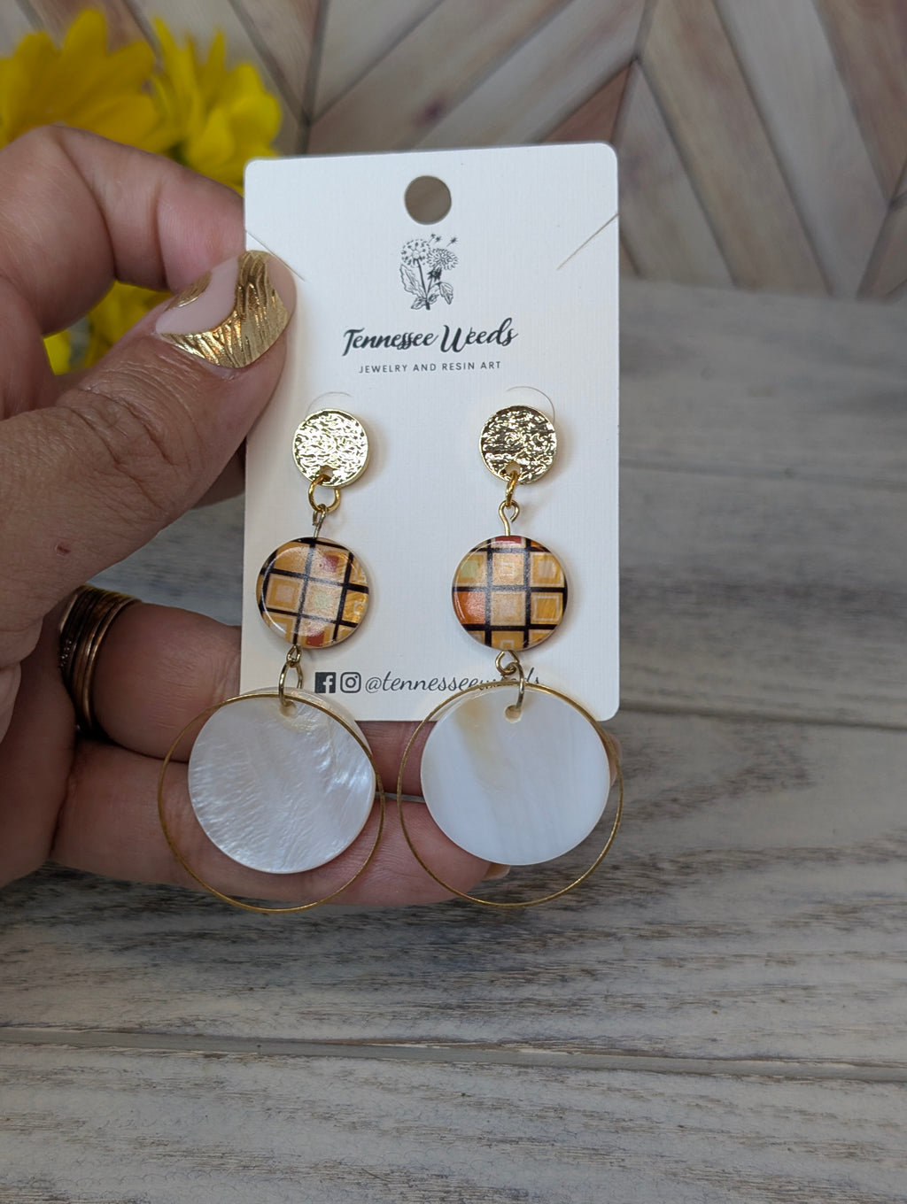 Shell Hoop & Plaid Disc Drop Earrings